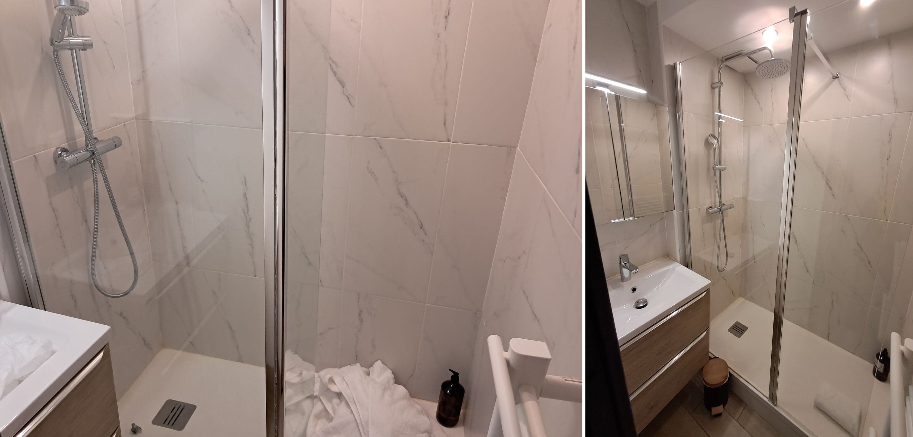 Marble bathroom on arrival and once cleaned: shower, glass screen and vanity unit