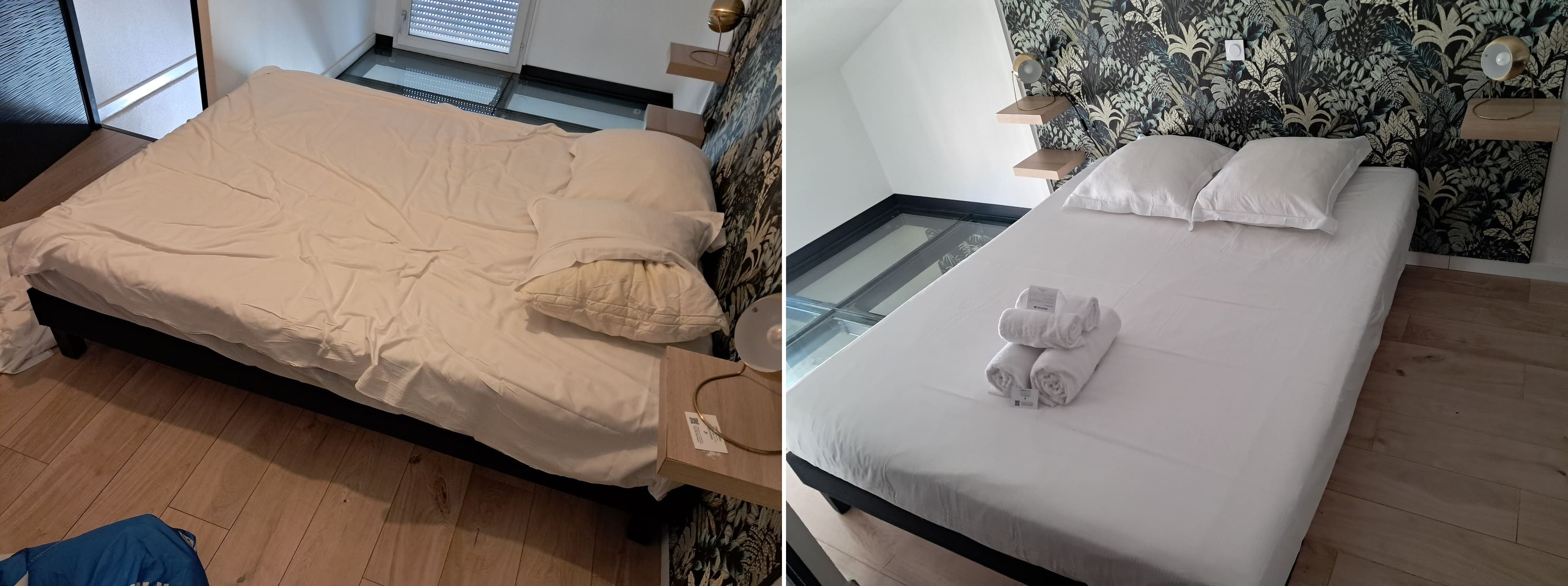 Bedroom with jungle wallpaper: unmade bed on arrival, crisp linen and rolled towels on departure