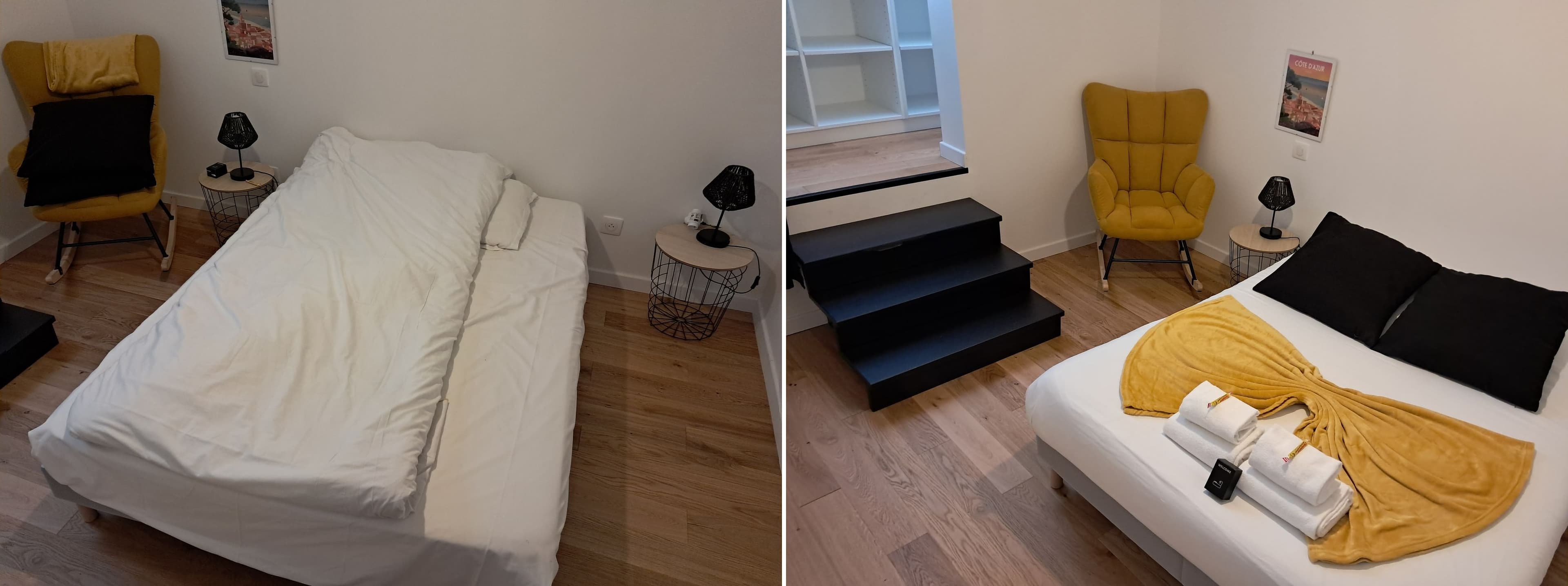 Light-parquet bedroom: crumpled duvet on arrival, bed made up with throw and folded towels afterwards